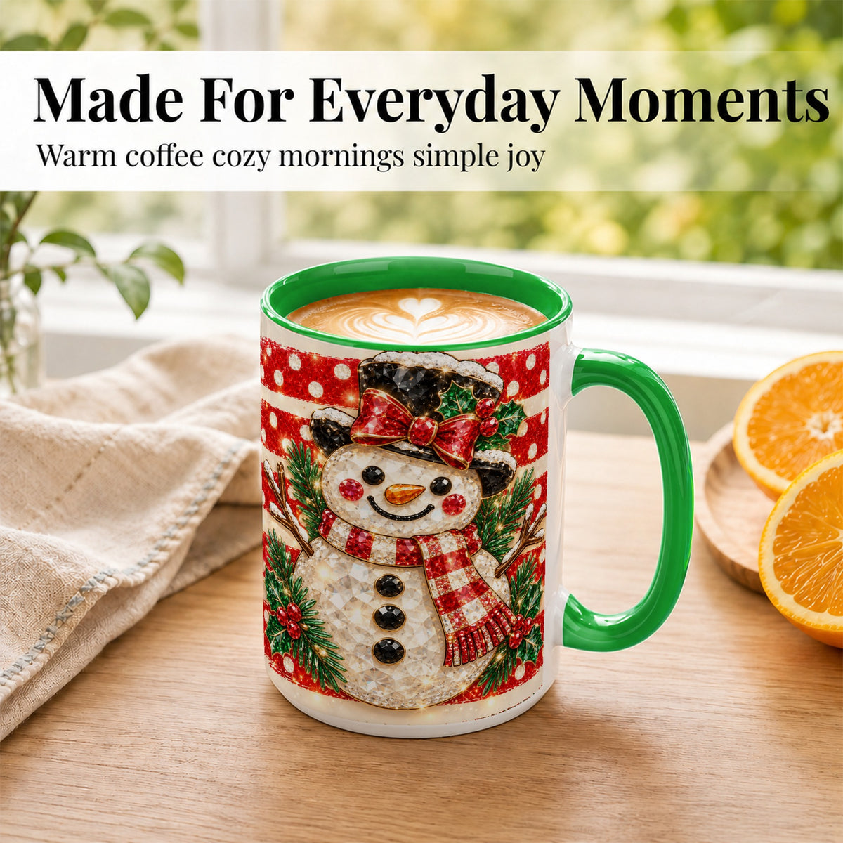 #pl[15oz|Green] Top Hat Snowman Coffee Mug, Plaid Snowman Mug, Ceramic Cup