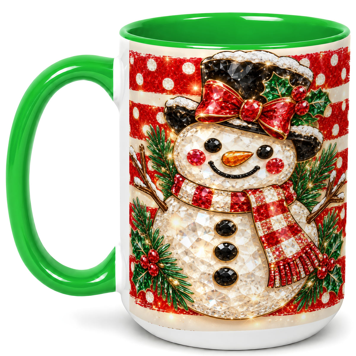 #pl[15oz|Green] Top Hat Snowman Coffee Mug, Plaid Snowman Mug, Ceramic Cup