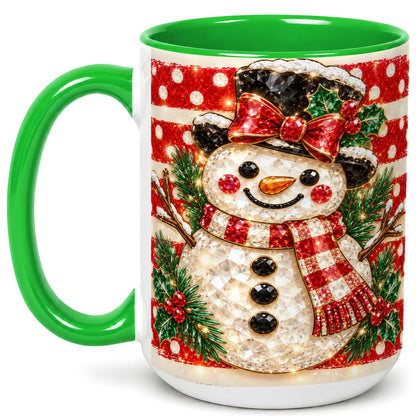 #pl[15oz|Green] Top Hat Snowman Coffee Mug, Plaid Snowman Mug, Ceramic Cup