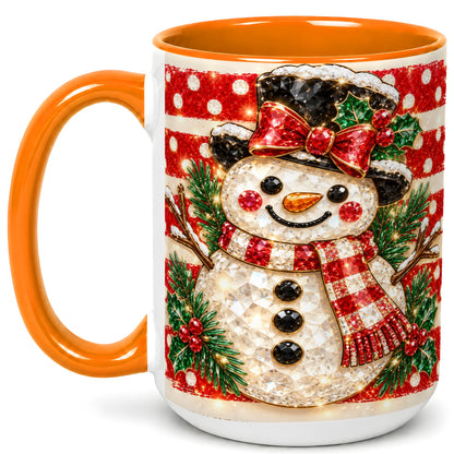 #pl[15oz|Orange] Top Hat Snowman Coffee Mug, Plaid Snowman Mug, Ceramic Cup