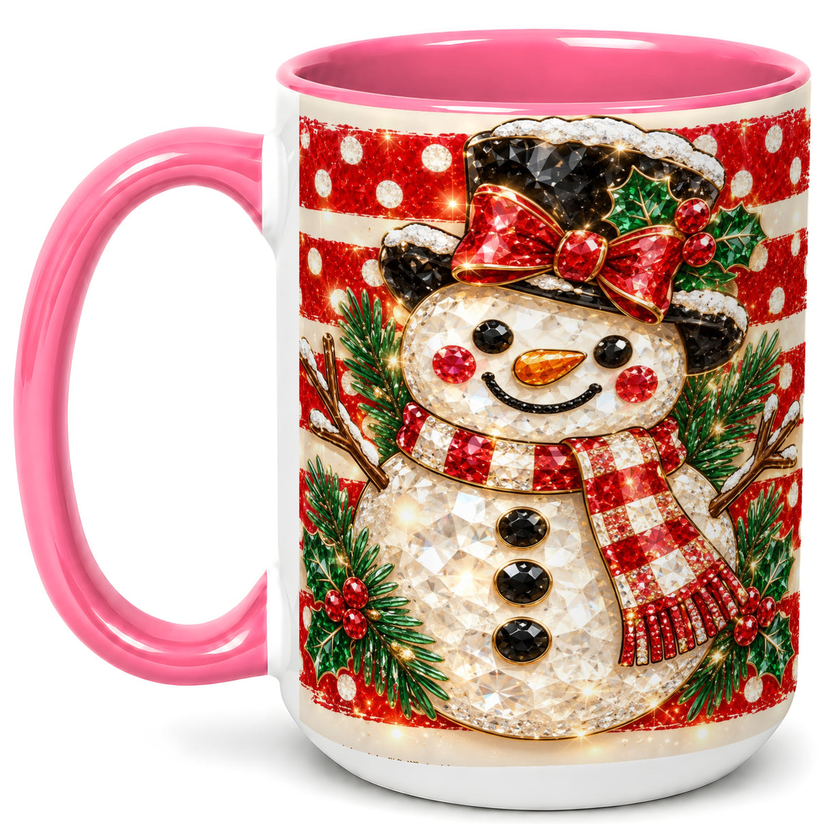 #pl[15oz|Pink] Top Hat Snowman Coffee Mug, Plaid Snowman Mug, Ceramic Cup