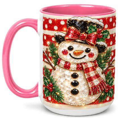 #pl[15oz|Pink] Top Hat Snowman Coffee Mug, Plaid Snowman Mug, Ceramic Cup