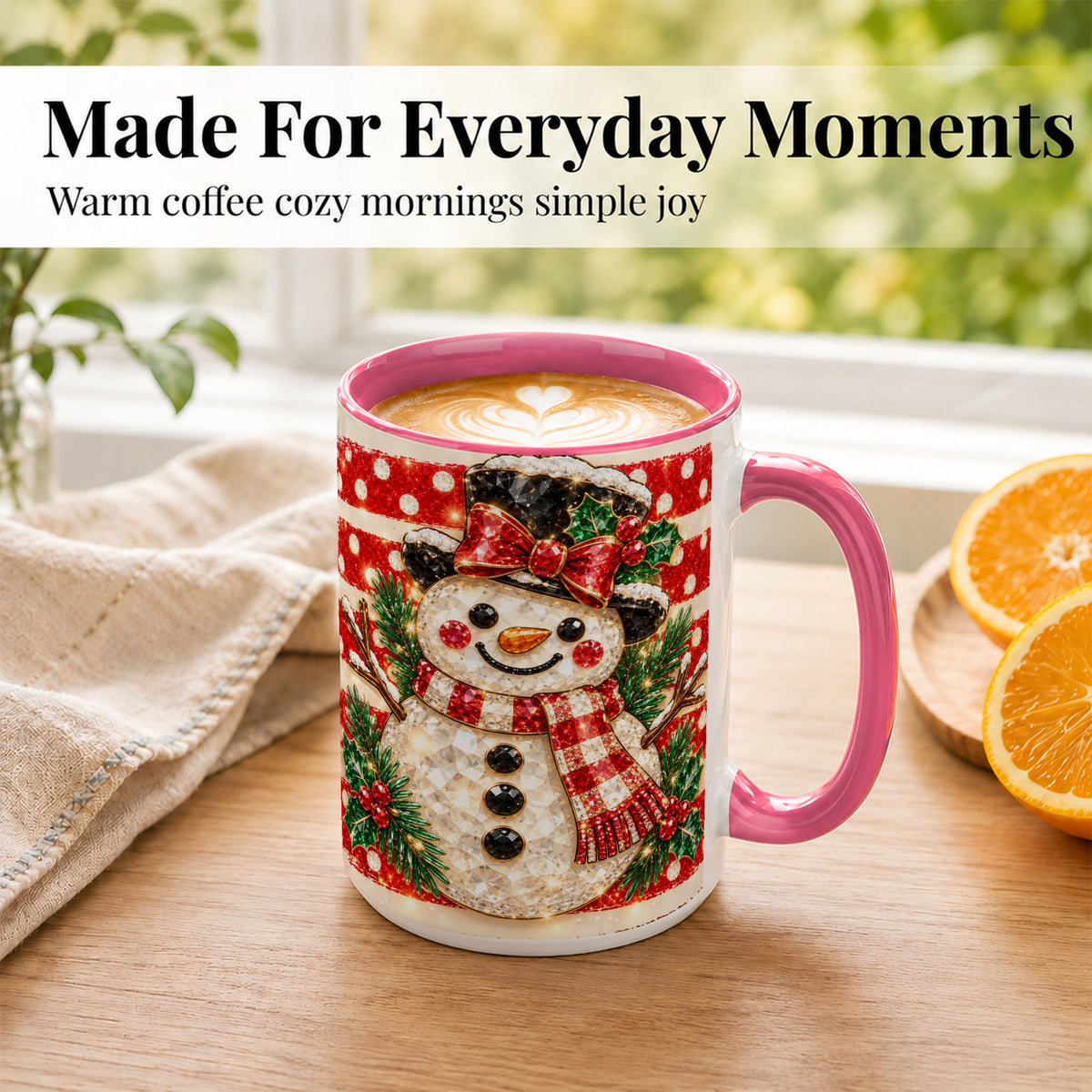 #pl[15oz|Pink] Top Hat Snowman Coffee Mug, Plaid Snowman Mug, Ceramic Cup