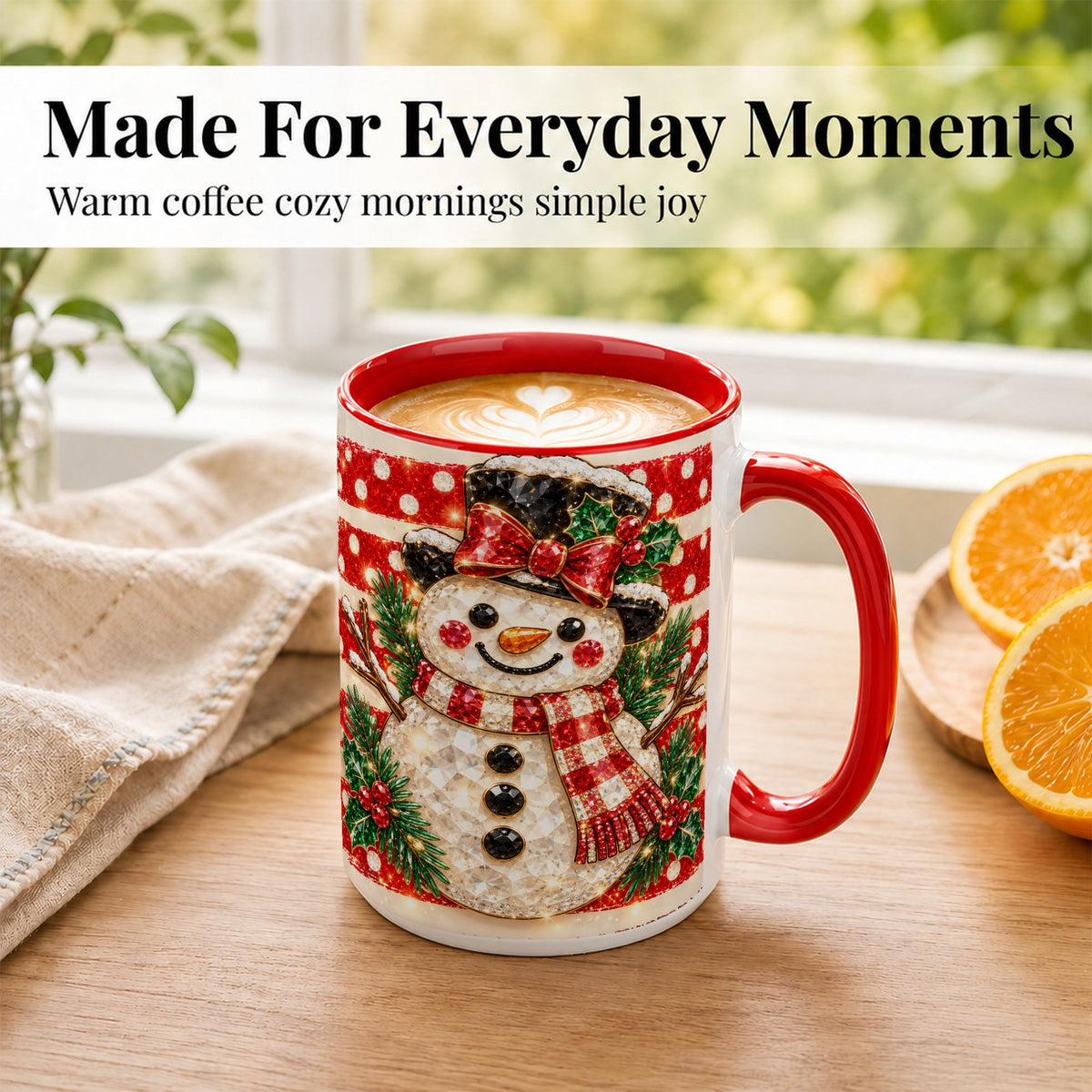 #pl[15oz|Red] Top Hat Snowman Coffee Mug, Plaid Snowman Mug, Ceramic Cup