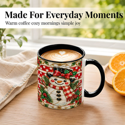 #pl[11oz|Black] Ornate Snowman Coffee Mug, Poinsettia Snowman Mug, Ceramic Cup