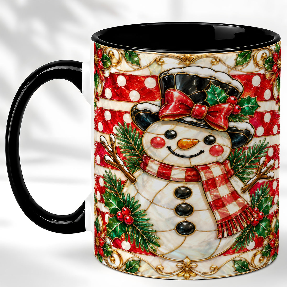 #pl[11oz|Black] Ornate Snowman Coffee Mug, Poinsettia Snowman Mug, Ceramic Cup