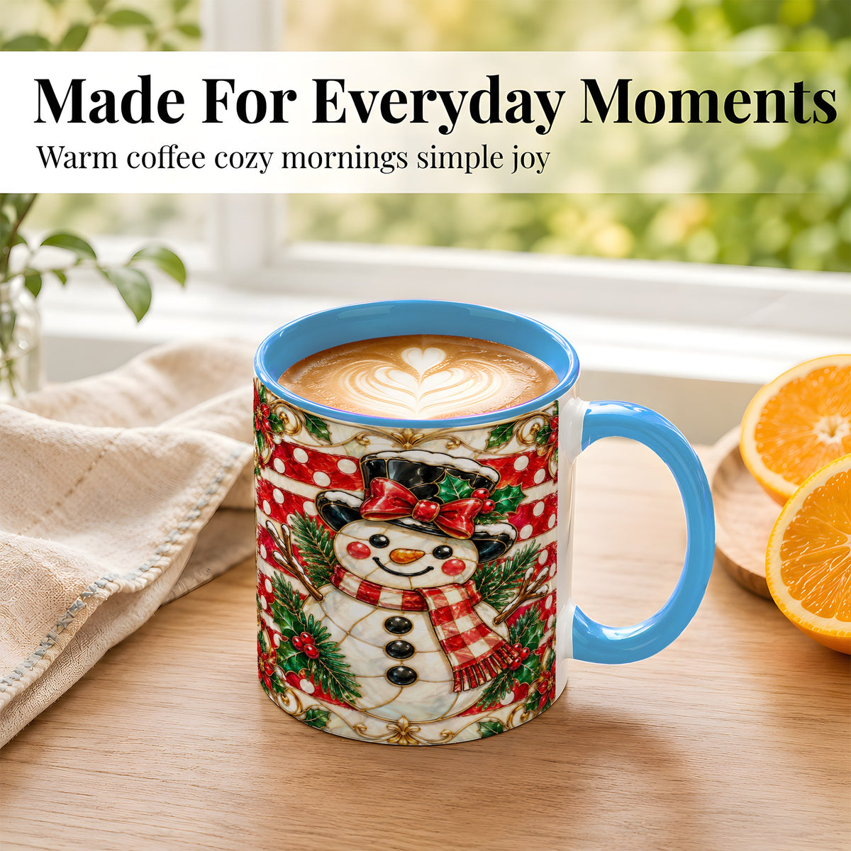 #pl[11oz|Blue] Ornate Snowman Coffee Mug, Poinsettia Snowman Mug, Ceramic Cup