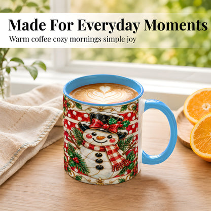 #pl[11oz|Blue] Ornate Snowman Coffee Mug, Poinsettia Snowman Mug, Ceramic Cup
