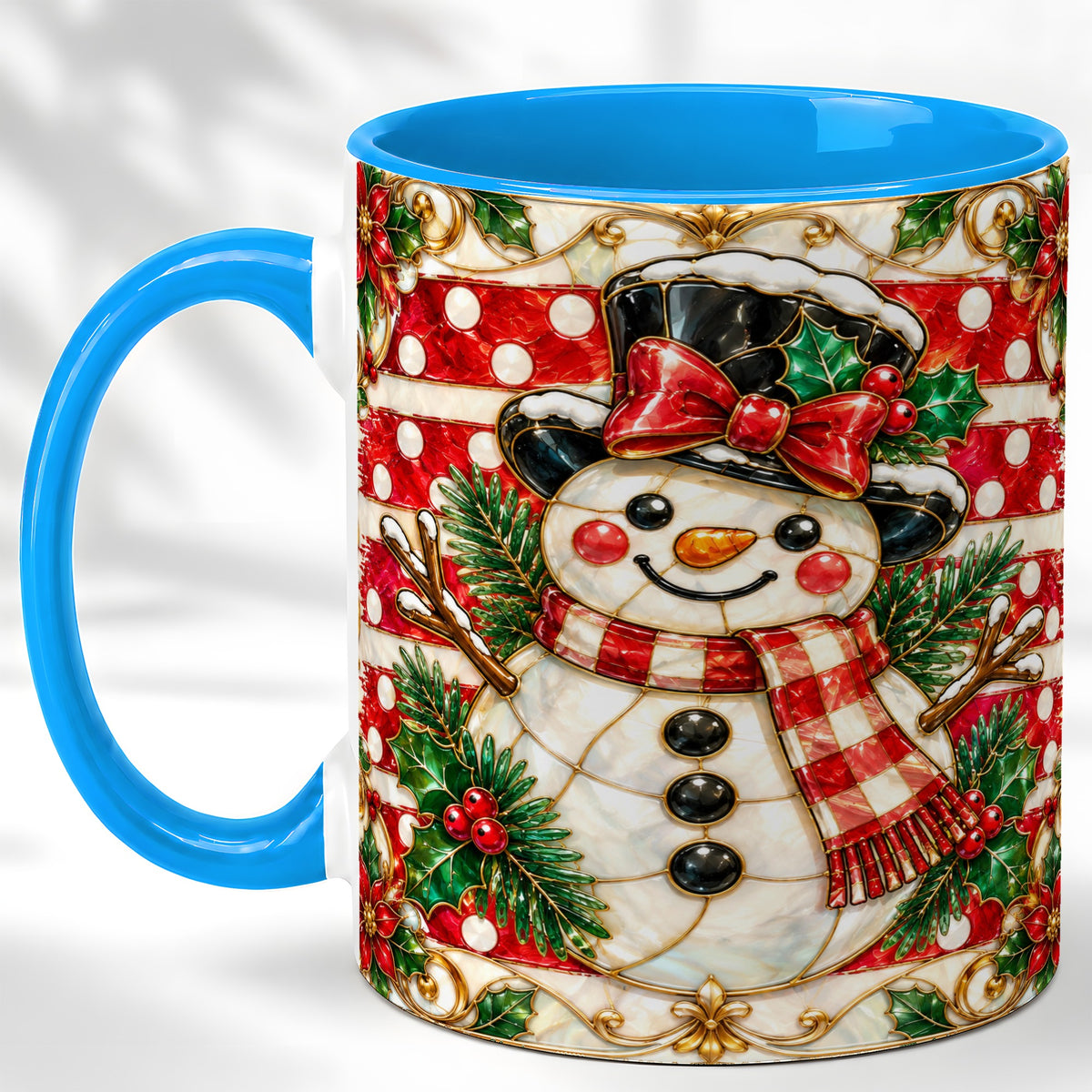 #pl[11oz|Blue] Ornate Snowman Coffee Mug, Poinsettia Snowman Mug, Ceramic Cup