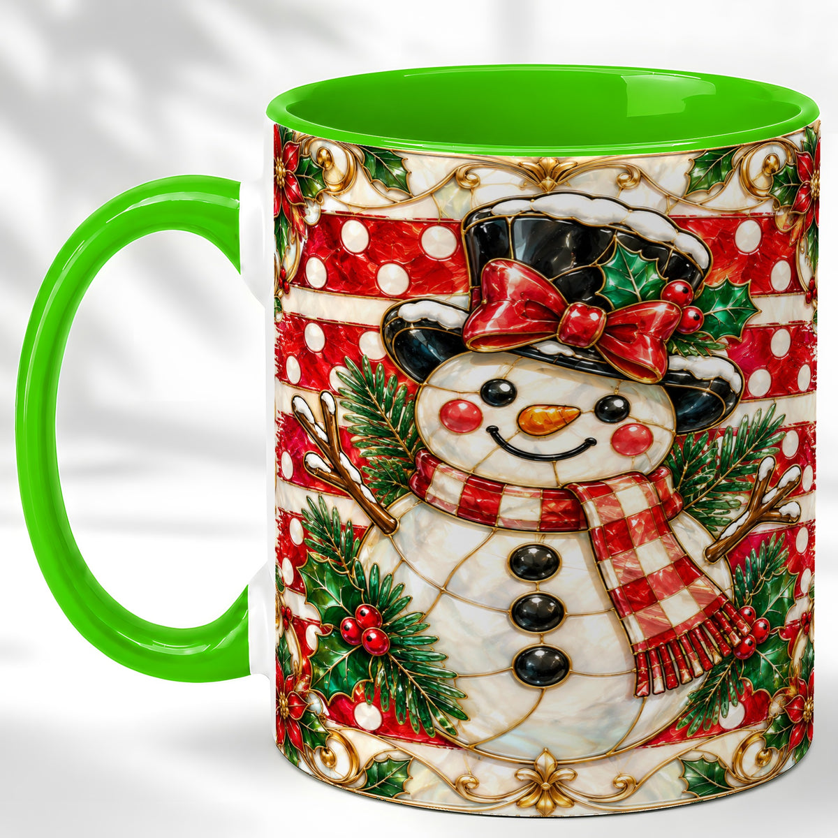 #pl[11oz|Green] Ornate Snowman Coffee Mug, Poinsettia Snowman Mug, Ceramic Cup