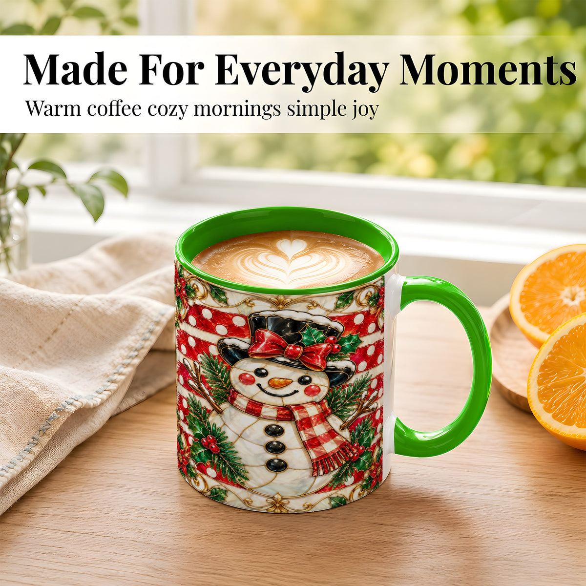 #pl[11oz|Green] Ornate Snowman Coffee Mug, Poinsettia Snowman Mug, Ceramic Cup