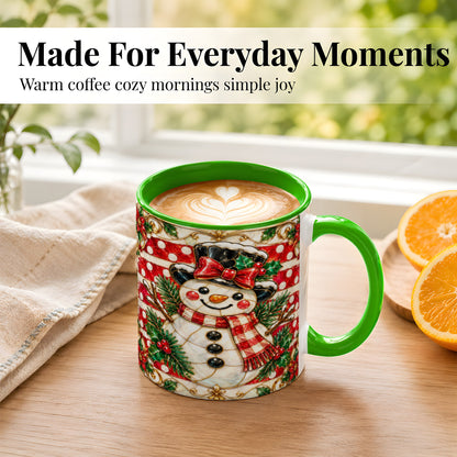 #pl[11oz|Green] Ornate Snowman Coffee Mug, Poinsettia Snowman Mug, Ceramic Cup