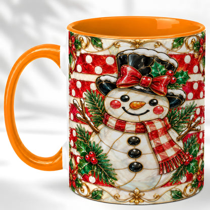 #pl[11oz|Orange] Ornate Snowman Coffee Mug, Poinsettia Snowman Mug, Ceramic Cup