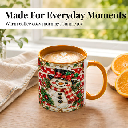#pl[11oz|Orange] Ornate Snowman Coffee Mug, Poinsettia Snowman Mug, Ceramic Cup