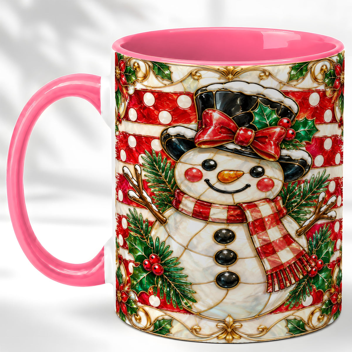 #pl[11oz|Pink] Ornate Snowman Coffee Mug, Poinsettia Snowman Mug, Ceramic Cup