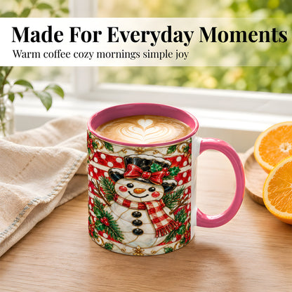 #pl[11oz|Pink] Ornate Snowman Coffee Mug, Poinsettia Snowman Mug, Ceramic Cup