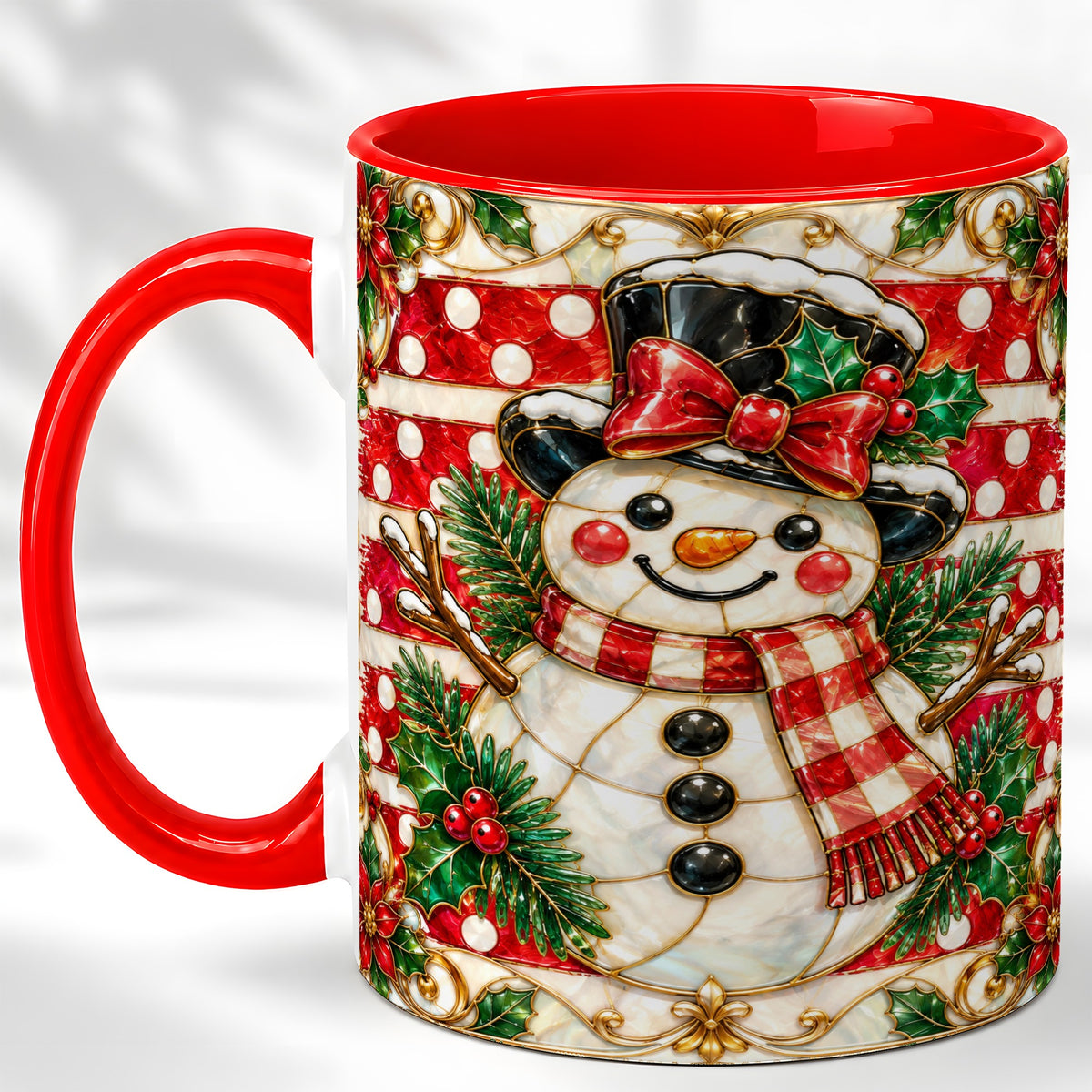 Ornate Snowman Coffee Mug, Poinsettia Snowman Mug, Ceramic Cup