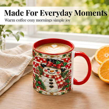 #pl[11oz|Red] Ornate Snowman Coffee Mug, Poinsettia Snowman Mug, Ceramic Cup