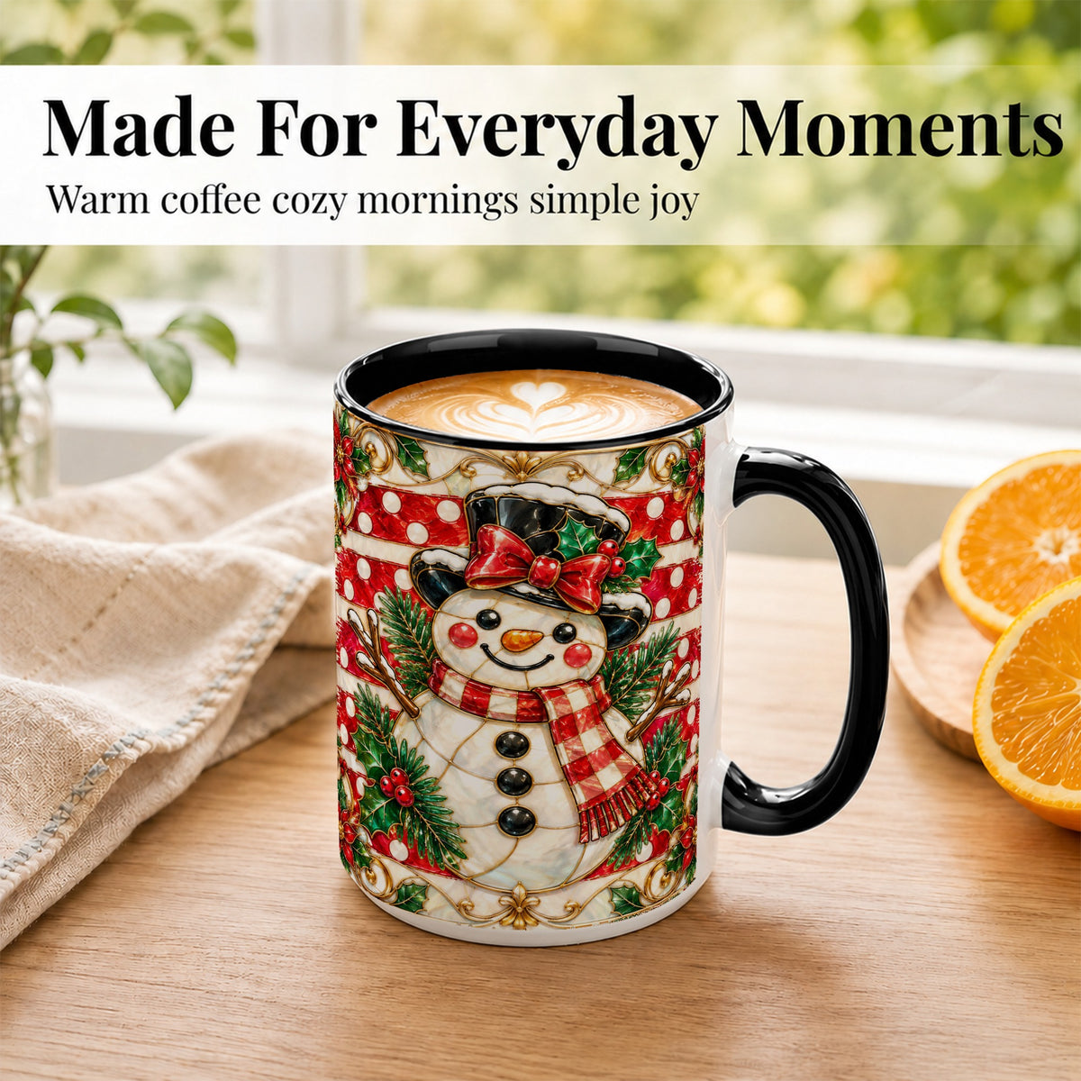 #pl[15oz|Black] Ornate Snowman Coffee Mug, Poinsettia Snowman Mug, Ceramic Cup