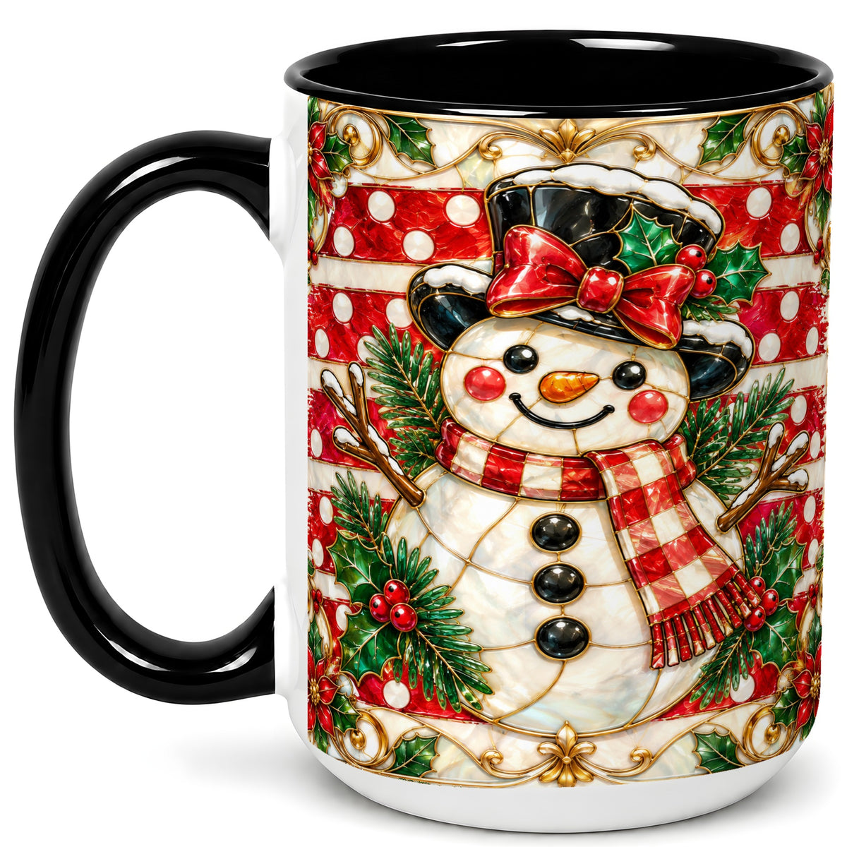 #pl[15oz|Black] Ornate Snowman Coffee Mug, Poinsettia Snowman Mug, Ceramic Cup