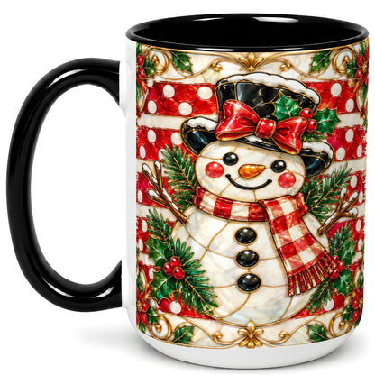 #pl[15oz|Black] Ornate Snowman Coffee Mug, Poinsettia Snowman Mug, Ceramic Cup
