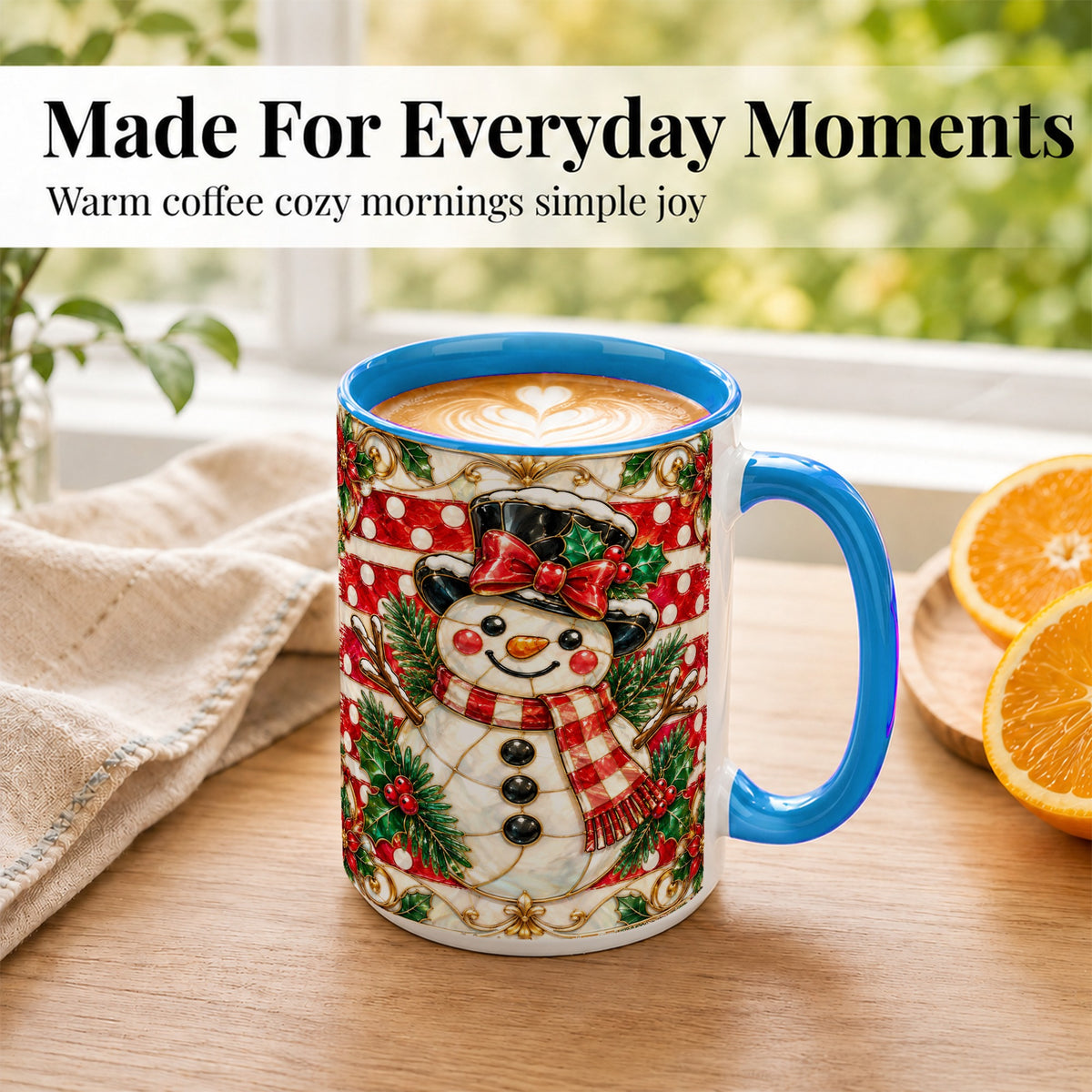 #pl[15oz|Blue] Ornate Snowman Coffee Mug, Poinsettia Snowman Mug, Ceramic Cup