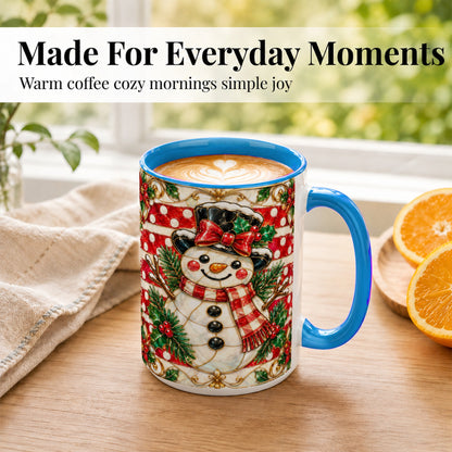 #pl[15oz|Blue] Ornate Snowman Coffee Mug, Poinsettia Snowman Mug, Ceramic Cup