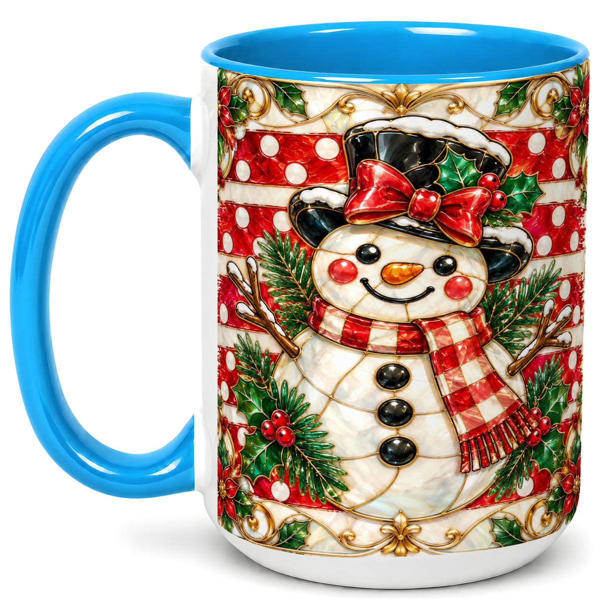 #pl[15oz|Blue] Ornate Snowman Coffee Mug, Poinsettia Snowman Mug, Ceramic Cup