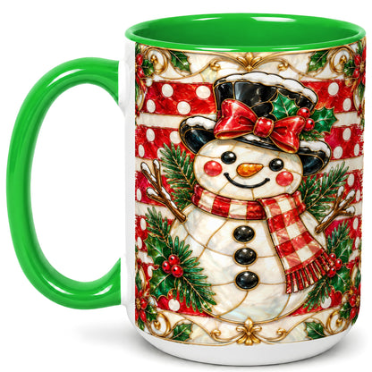 #pl[15oz|Green] Ornate Snowman Coffee Mug, Poinsettia Snowman Mug, Ceramic Cup