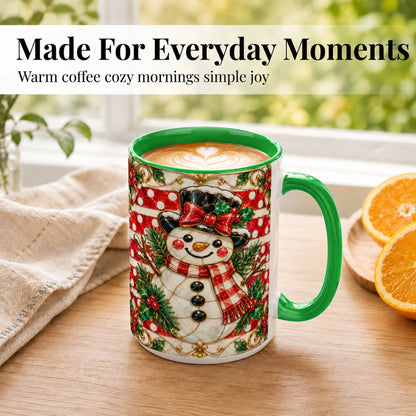 #pl[15oz|Green] Ornate Snowman Coffee Mug, Poinsettia Snowman Mug, Ceramic Cup