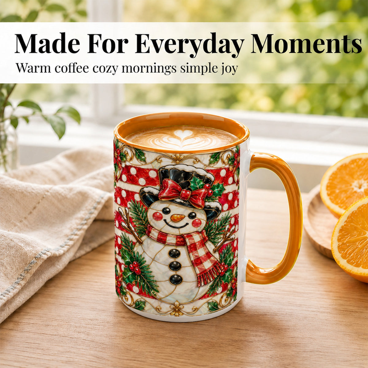 #pl[15oz|Orange] Ornate Snowman Coffee Mug, Poinsettia Snowman Mug, Ceramic Cup