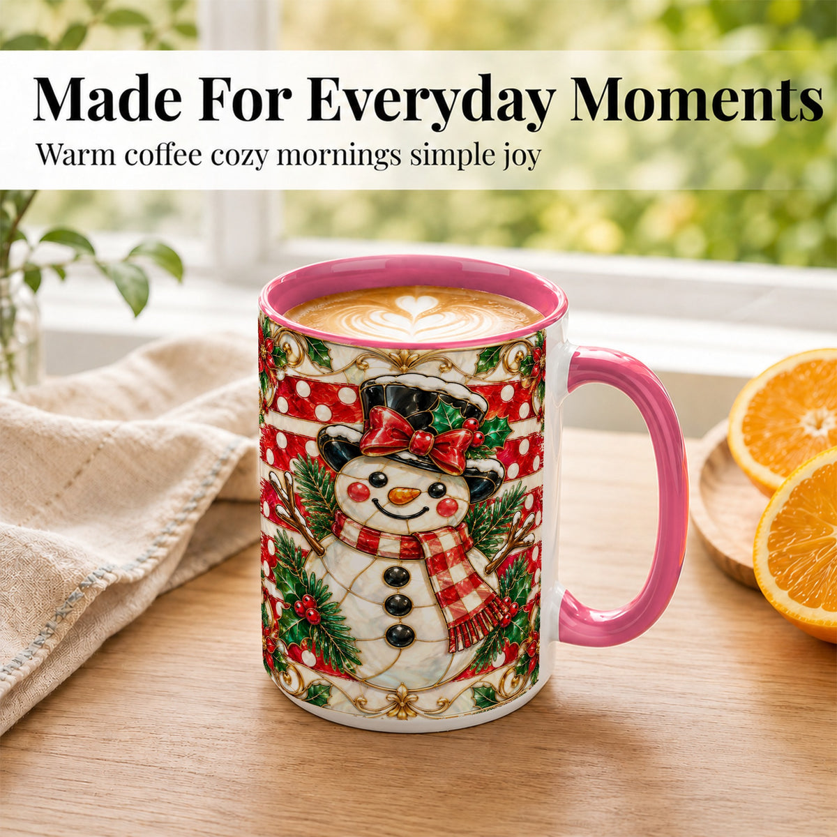 #pl[15oz|Pink] Ornate Snowman Coffee Mug, Poinsettia Snowman Mug, Ceramic Cup