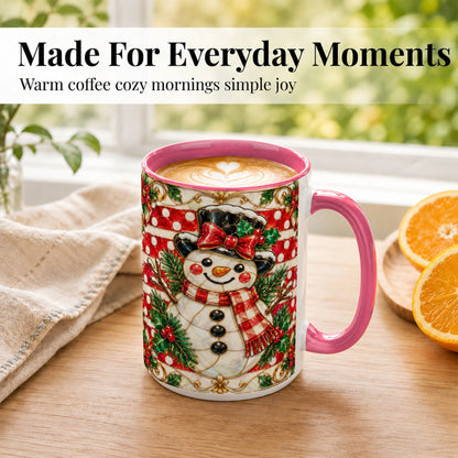 #pl[15oz|Pink] Ornate Snowman Coffee Mug, Poinsettia Snowman Mug, Ceramic Cup