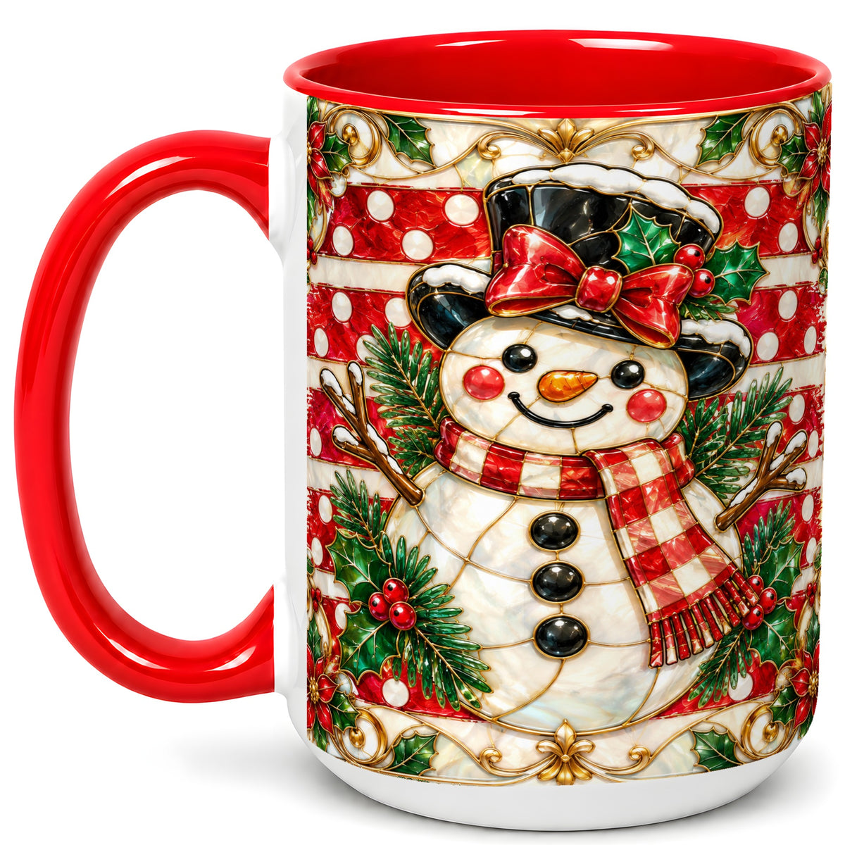 #pl[15oz|Red] Ornate Snowman Coffee Mug, Poinsettia Snowman Mug, Ceramic Cup