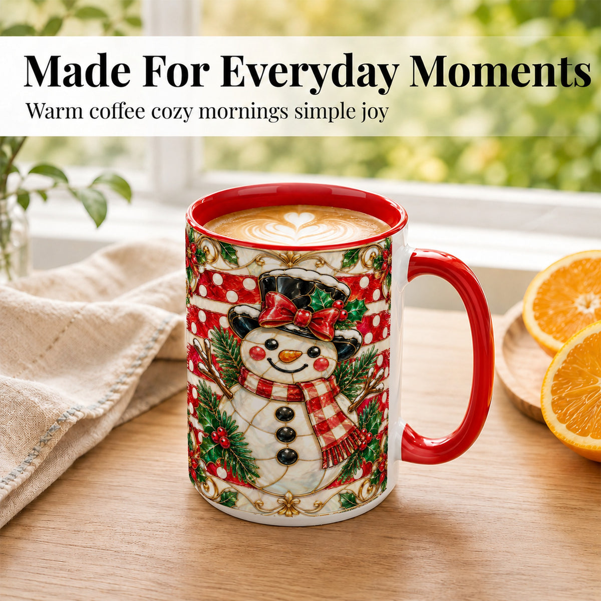 #pl[15oz|Red] Ornate Snowman Coffee Mug, Poinsettia Snowman Mug, Ceramic Cup