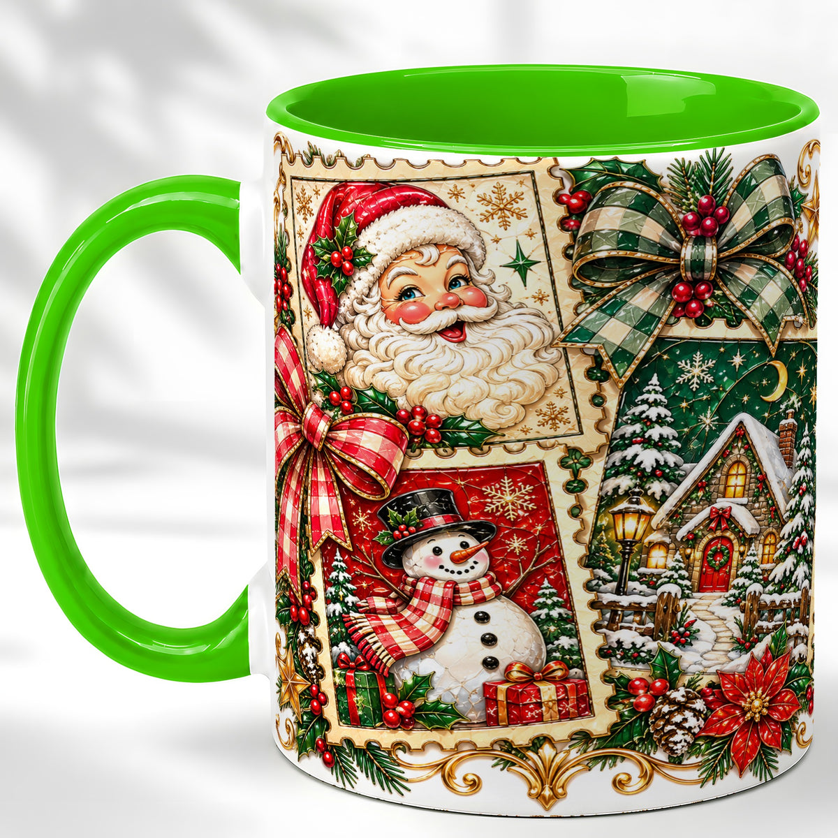 #pl[11oz|Green] Santa Snowman Christmas Coffee Mug, Holiday Mug, Ceramic Cup