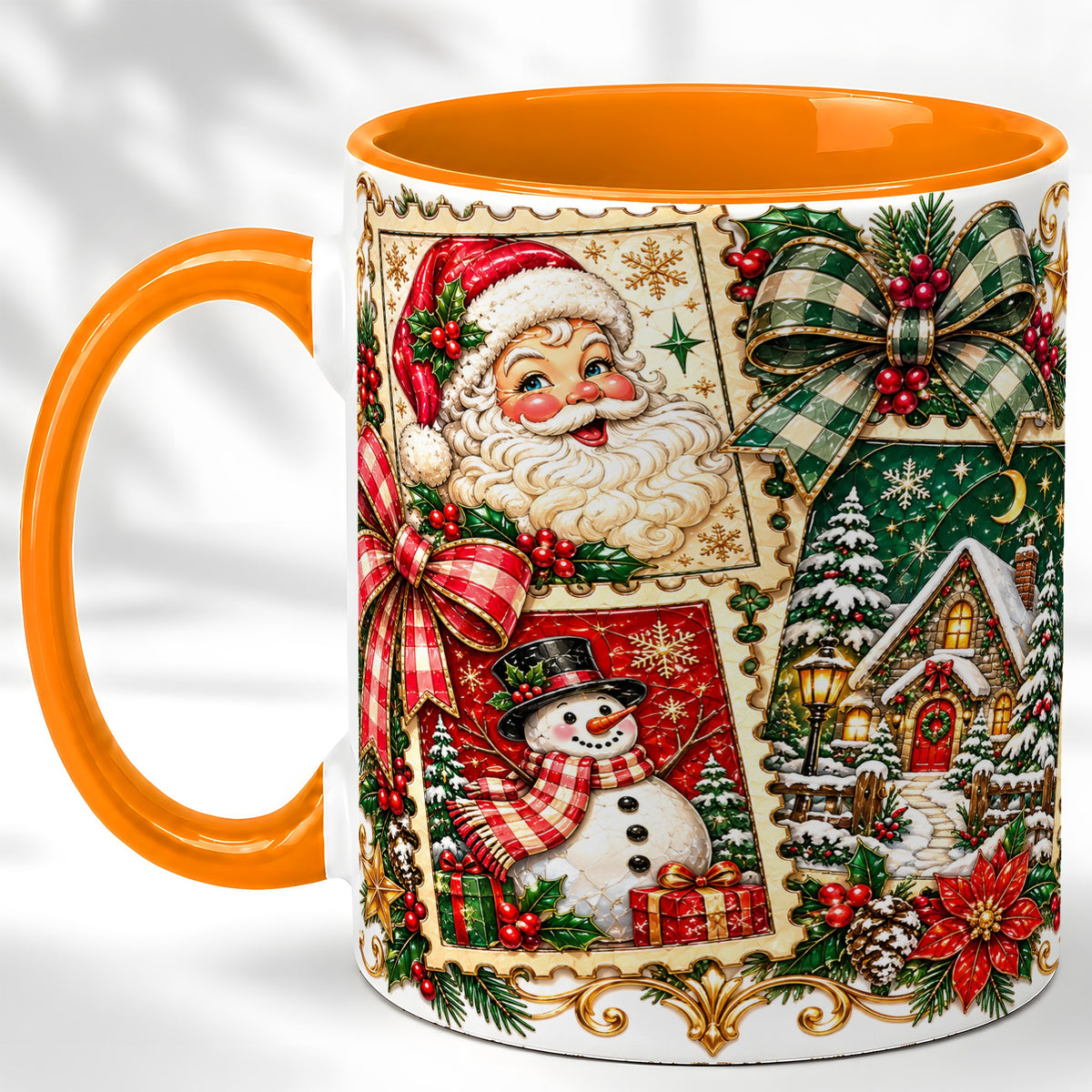 #pl[11oz|Orange] Santa Snowman Christmas Coffee Mug, Holiday Mug, Ceramic Cup