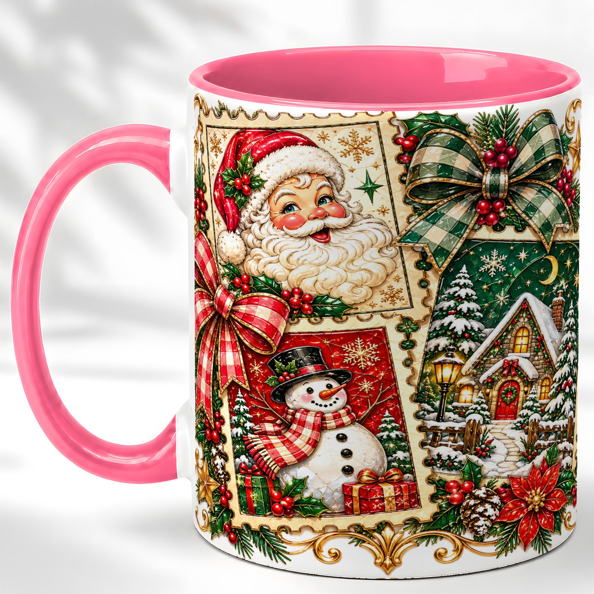 #pl[11oz|Pink] Santa Snowman Christmas Coffee Mug, Holiday Mug, Ceramic Cup