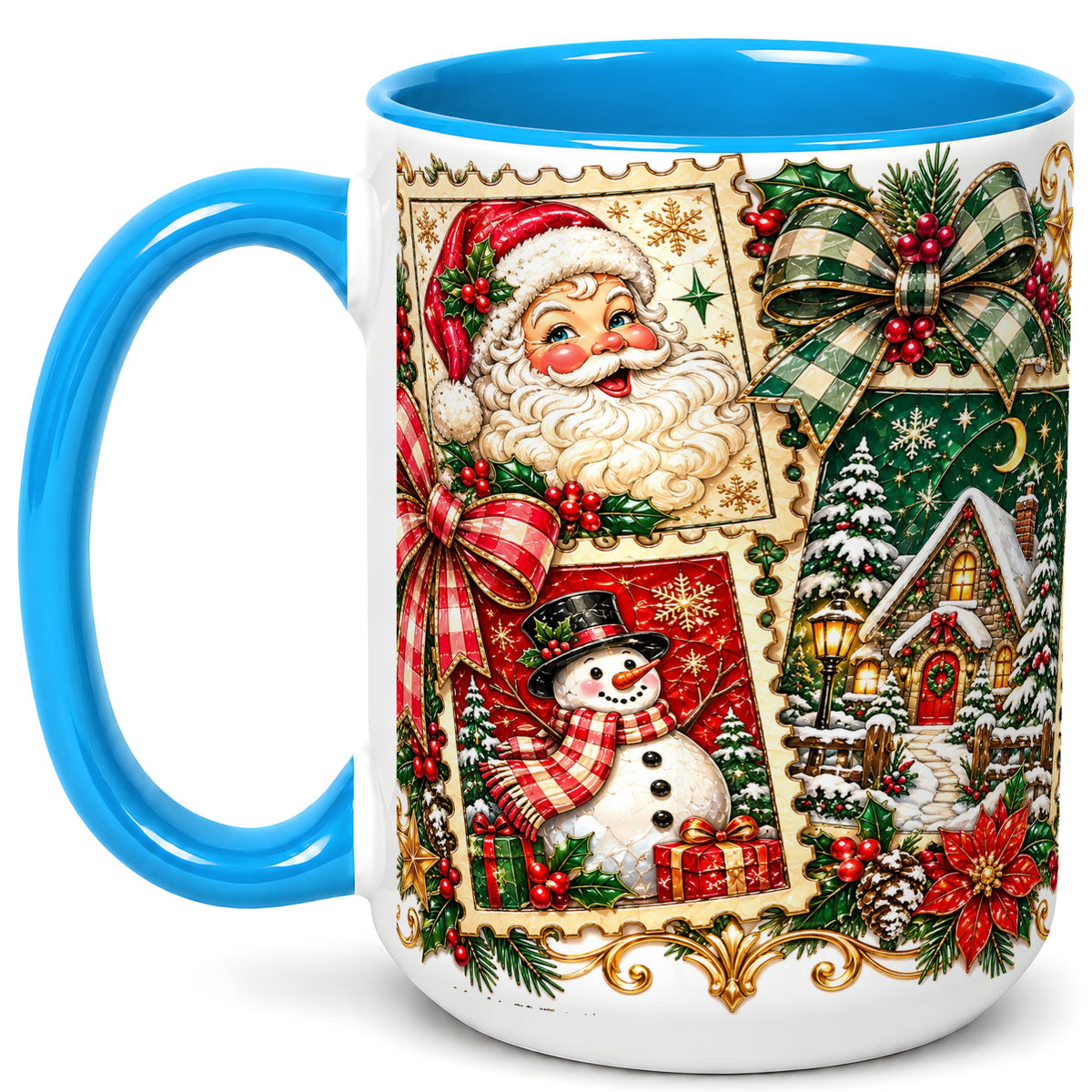 #pl[15oz|Blue] Santa Snowman Christmas Coffee Mug, Holiday Mug, Ceramic Cup