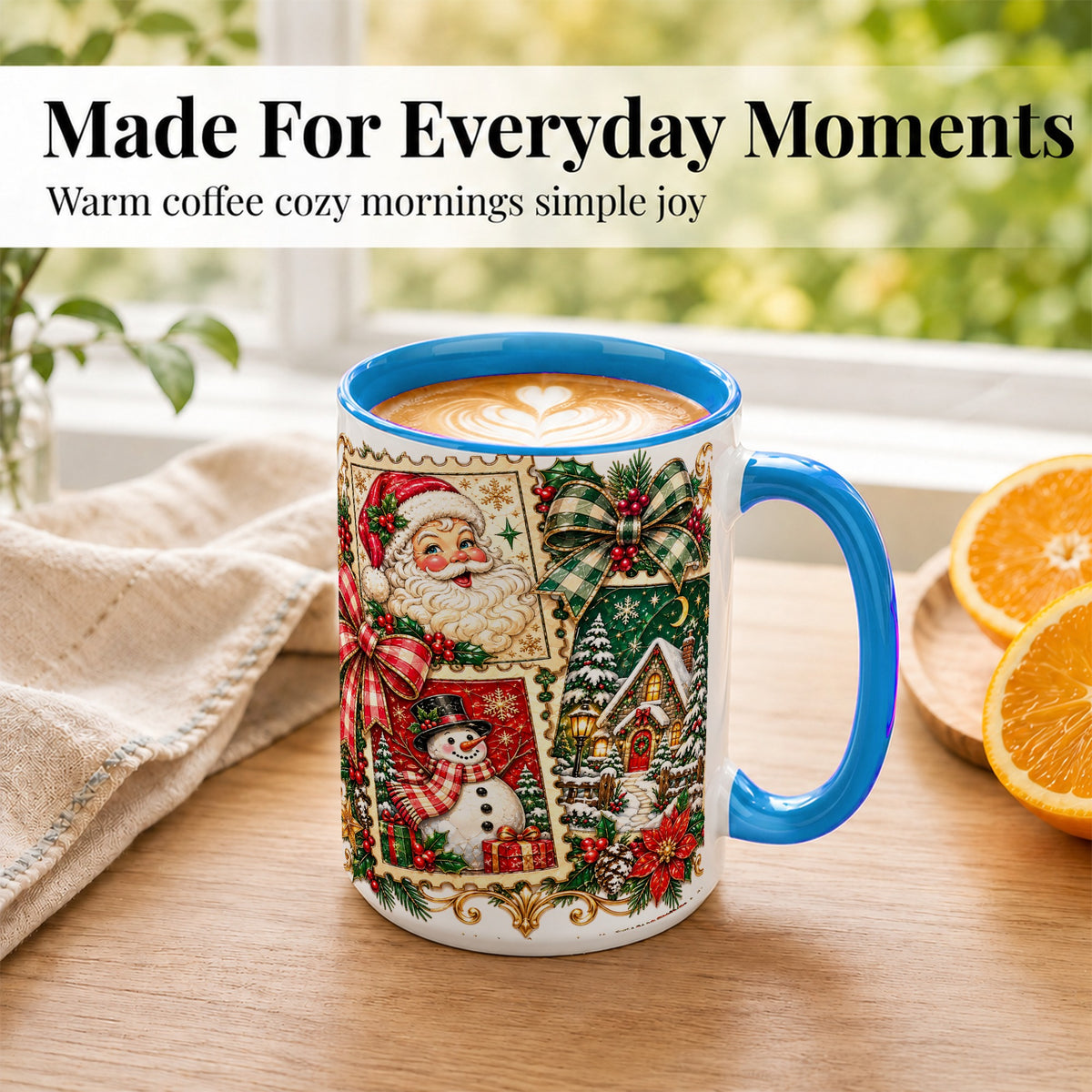 #pl[15oz|Blue] Santa Snowman Christmas Coffee Mug, Holiday Mug, Ceramic Cup
