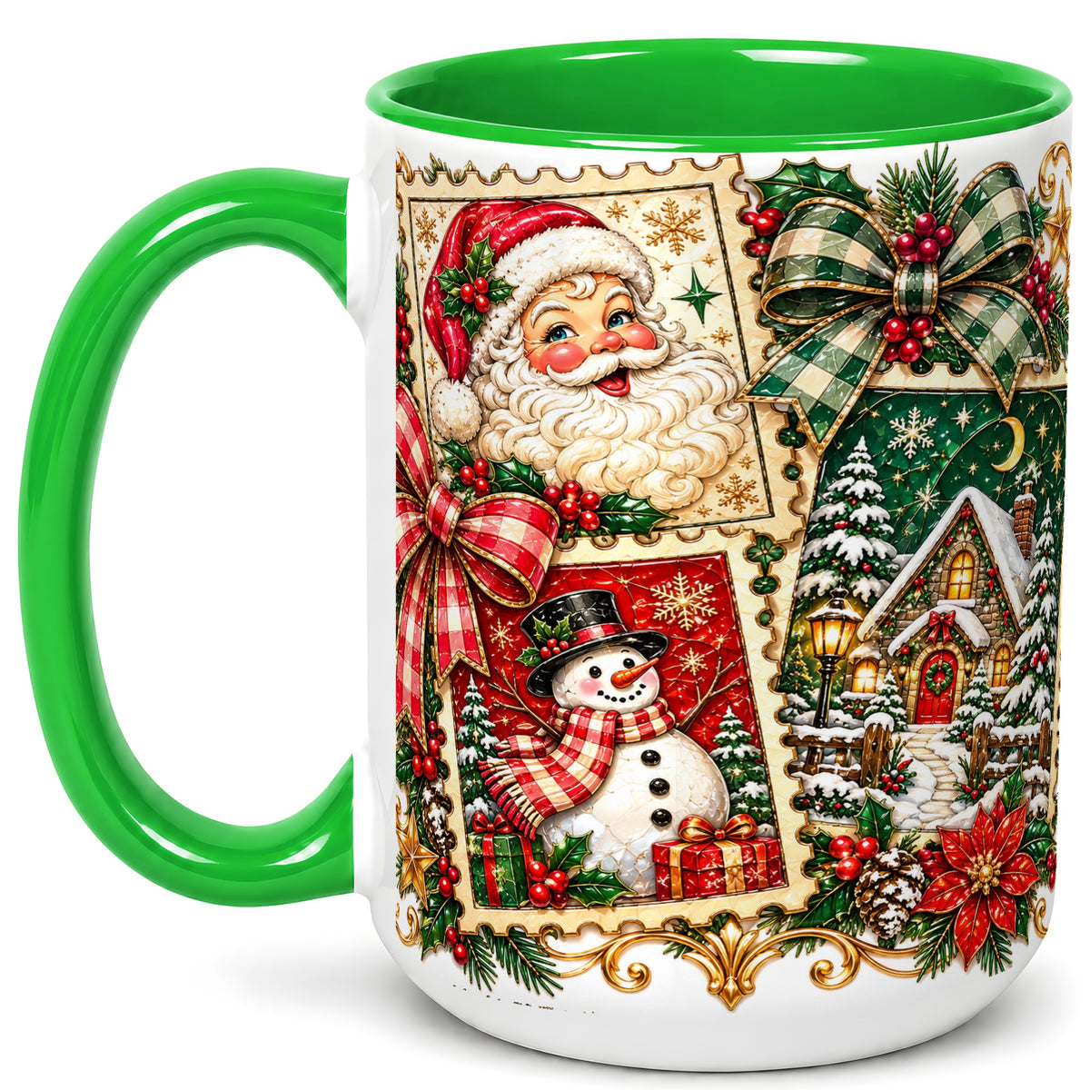 #pl[15oz|Green] Santa Snowman Christmas Coffee Mug, Holiday Mug, Ceramic Cup