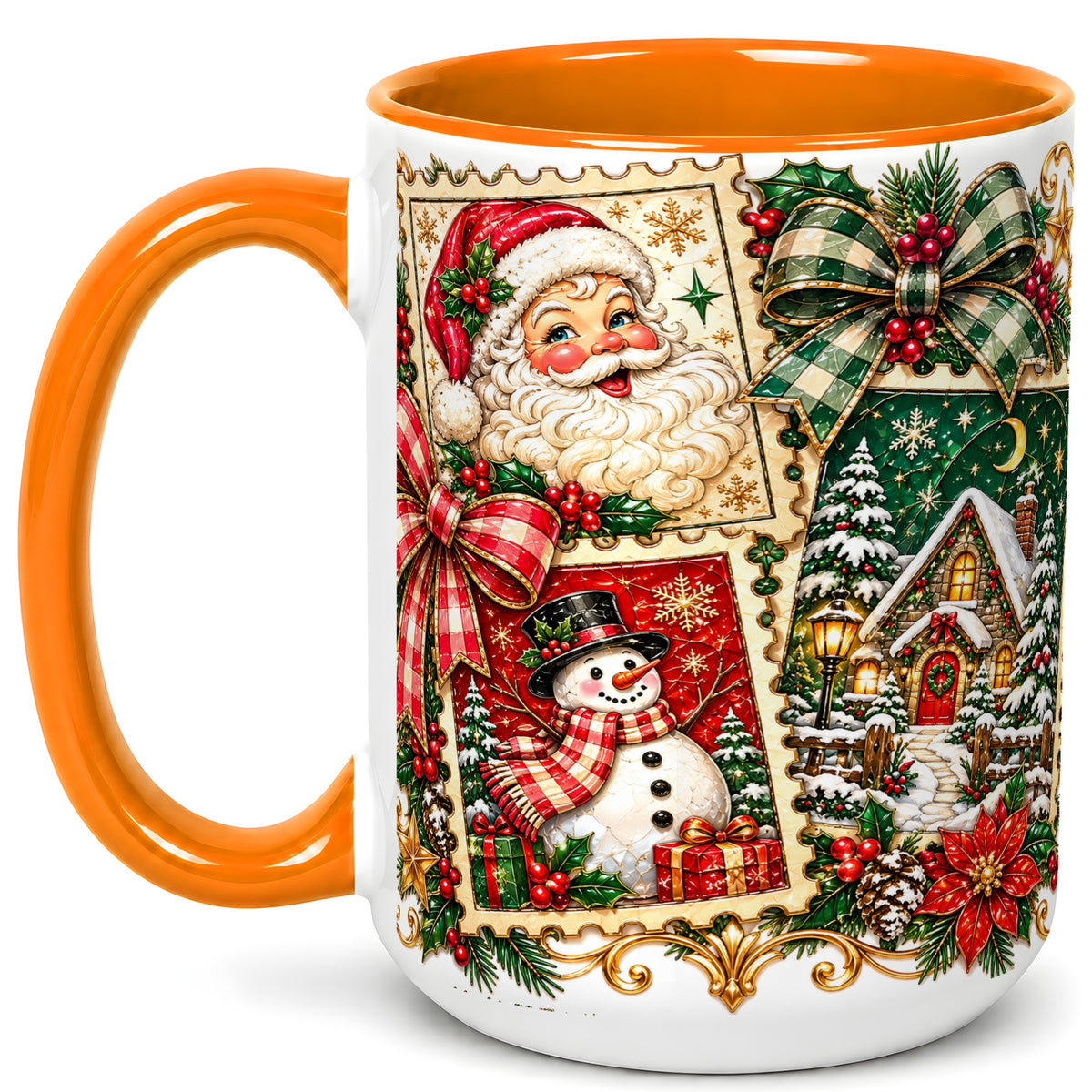 #pl[15oz|Orange] Santa Snowman Christmas Coffee Mug, Holiday Mug, Ceramic Cup