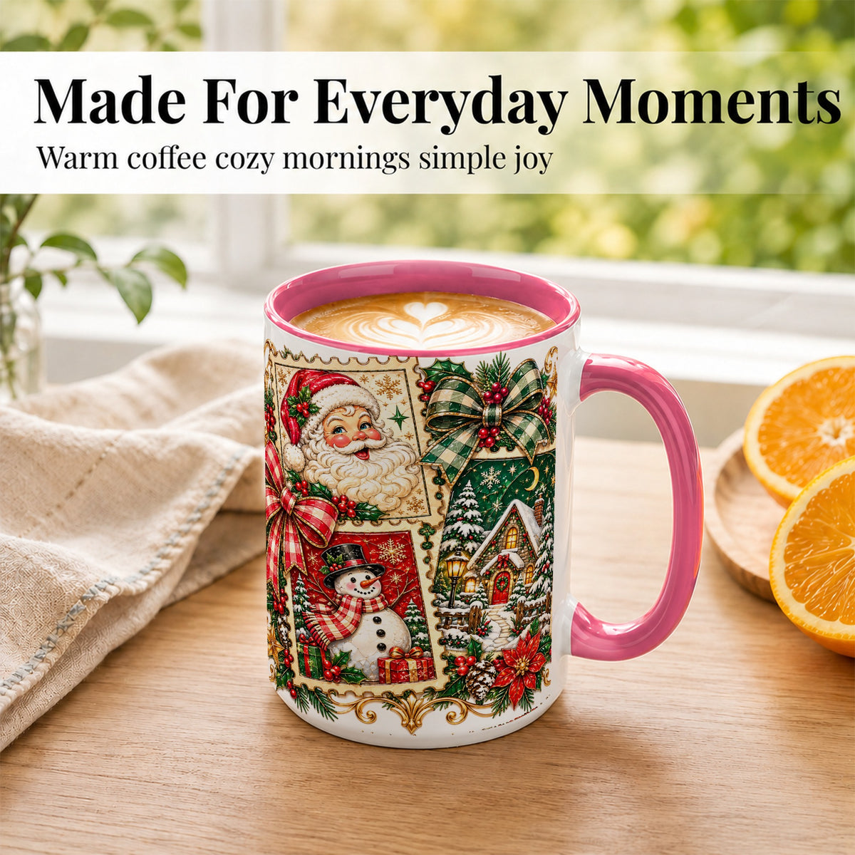 #pl[15oz|Pink] Santa Snowman Christmas Coffee Mug, Holiday Mug, Ceramic Cup