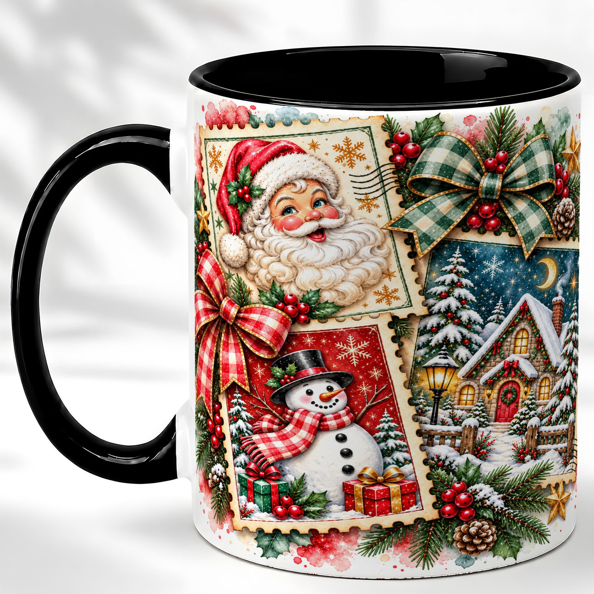 #pl[11oz|Black] Santa Snowman Watercolor Coffee Mug, Christmas Mug, Ceramic Cup