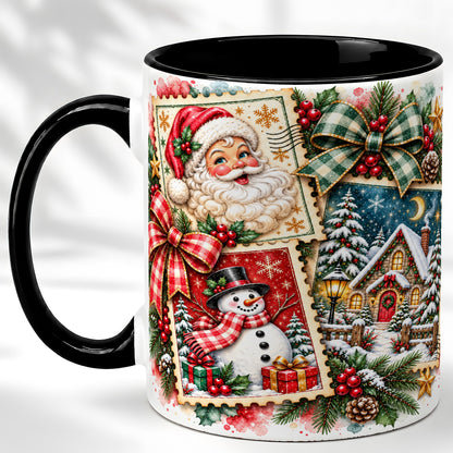 #pl[11oz|Black] Santa Snowman Watercolor Coffee Mug, Christmas Mug, Ceramic Cup