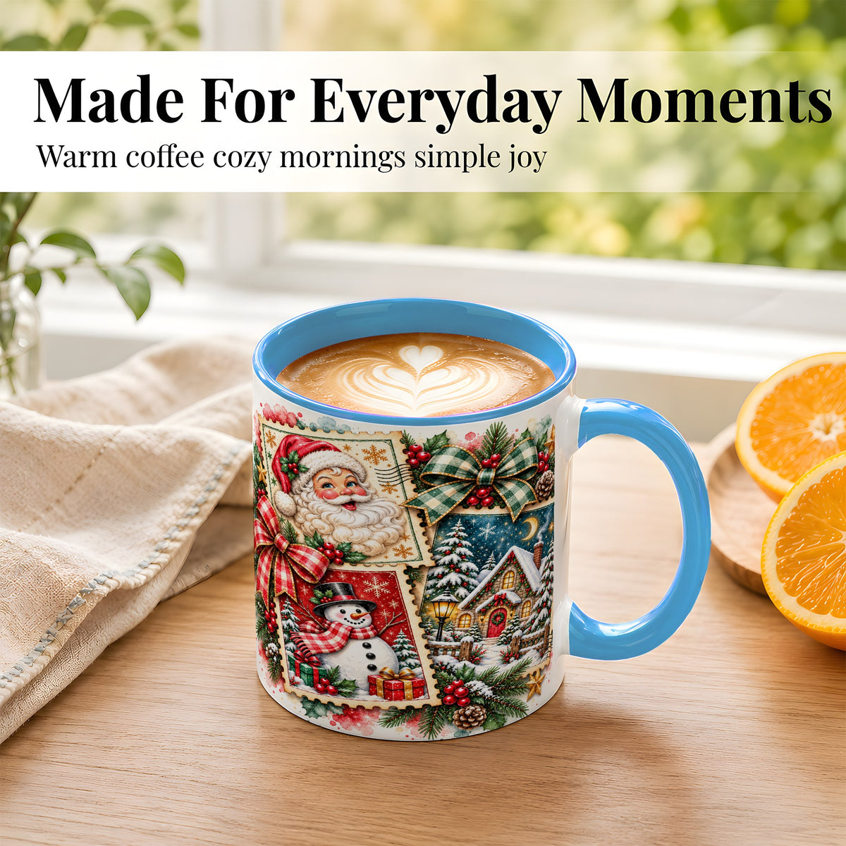 #pl[11oz|Blue] Santa Snowman Watercolor Coffee Mug, Christmas Mug, Ceramic Cup