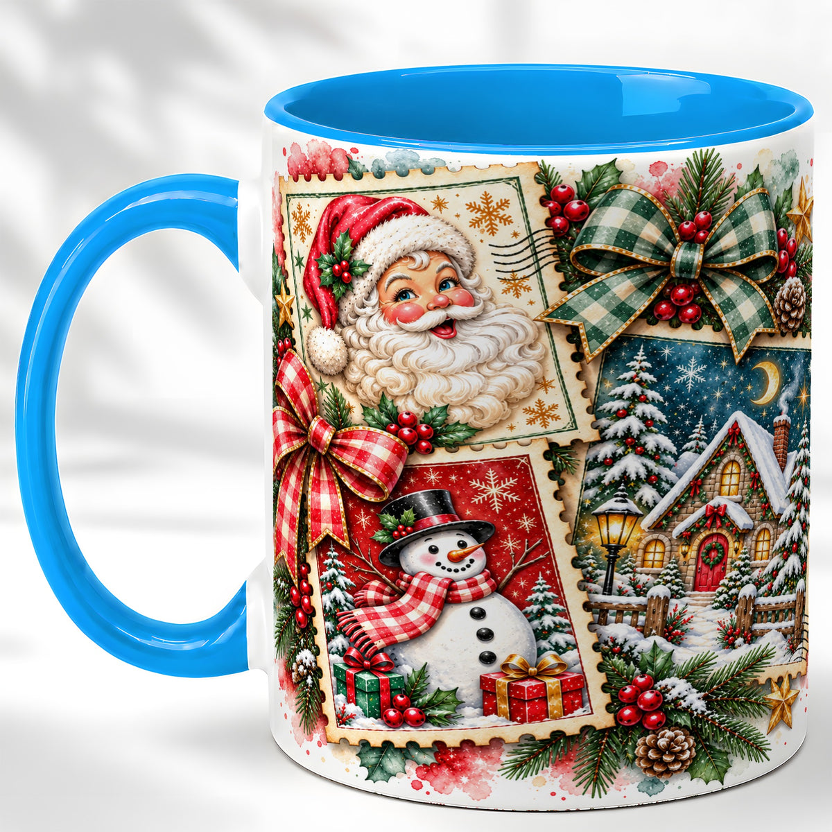 #pl[11oz|Blue] Santa Snowman Watercolor Coffee Mug, Christmas Mug, Ceramic Cup