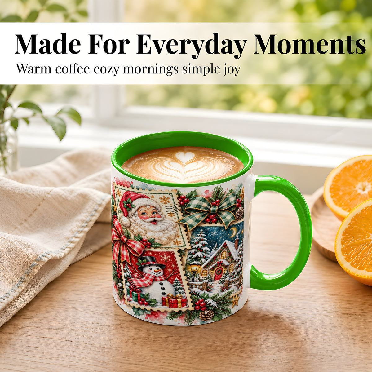 #pl[11oz|Green] Santa Snowman Watercolor Coffee Mug, Christmas Mug, Ceramic Cup