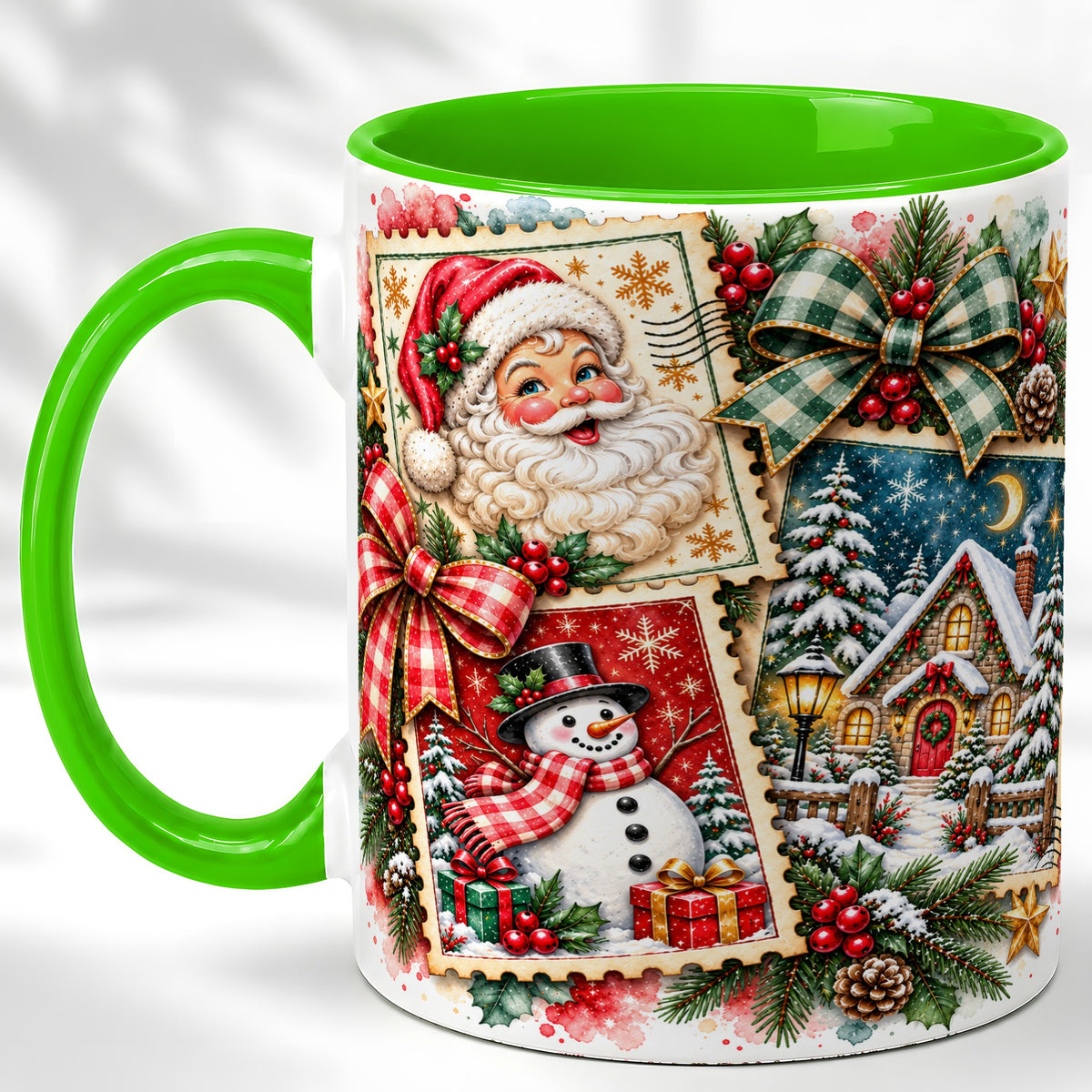 #pl[11oz|Green] Santa Snowman Watercolor Coffee Mug, Christmas Mug, Ceramic Cup