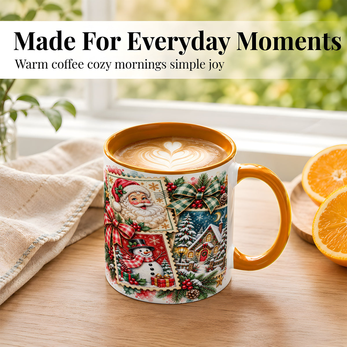 #pl[11oz|Orange] Santa Snowman Watercolor Coffee Mug, Christmas Mug, Ceramic Cup